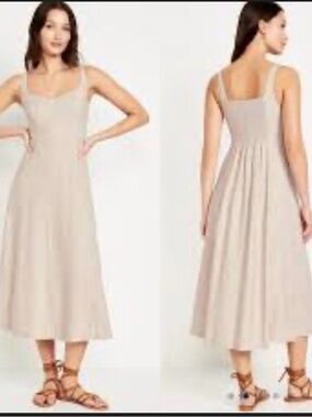 Old Navy Linen Blend Midi Dress Tan Sleeveless Fit & Flare Smocked Back Large
